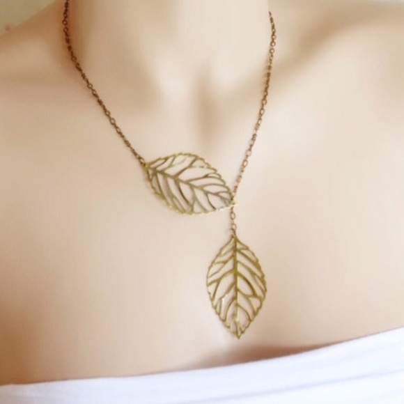 Boho Double Leaf Gold Filigree Lariat Necklace - Picture 2 of 4